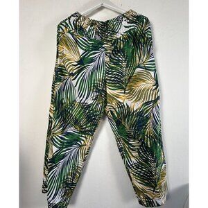Tahari Women Tropical Leaf Print Linen Blend Elastic Waist Wide Leg Pants Medium
